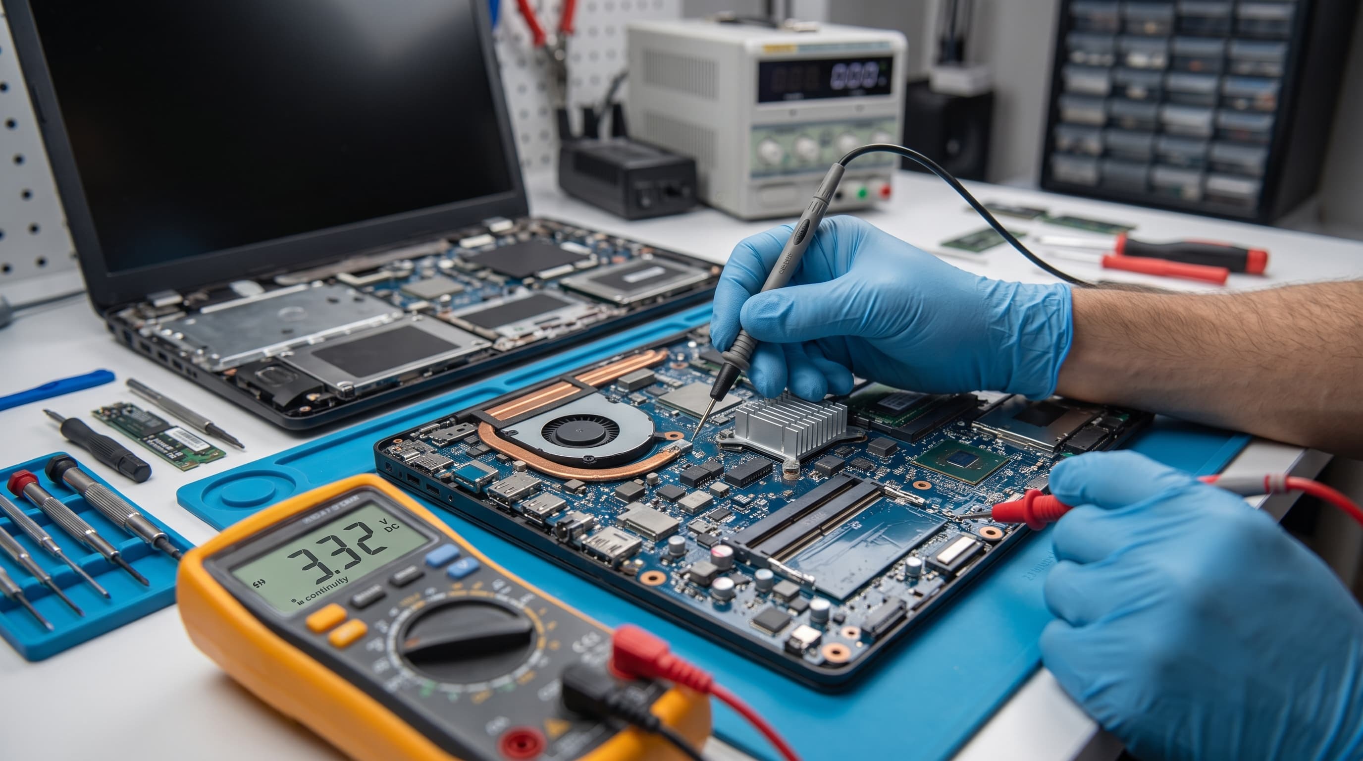 Técnico de Spartan Geek limpiando el sistema de enfriamiento interno de una laptop